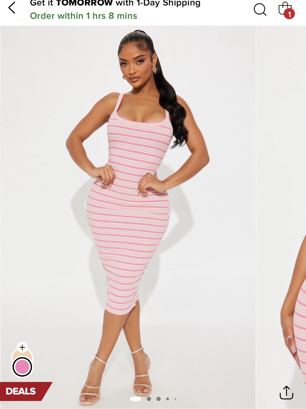 Fashion Nova Pink & White Striped Ribbed Midi Dress